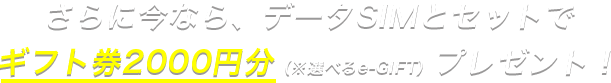 さらに今なら、データSIMとセットでギフト券2000円分（※選べるe-GIFT）プレゼント！