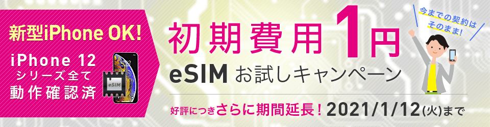 【スマホ】今キャリアのままお得にデータ通信！初期費用１円！ eSIMお試しキャンペーン！iPhone12にも対応！eSIMって？好評につき期間延長！