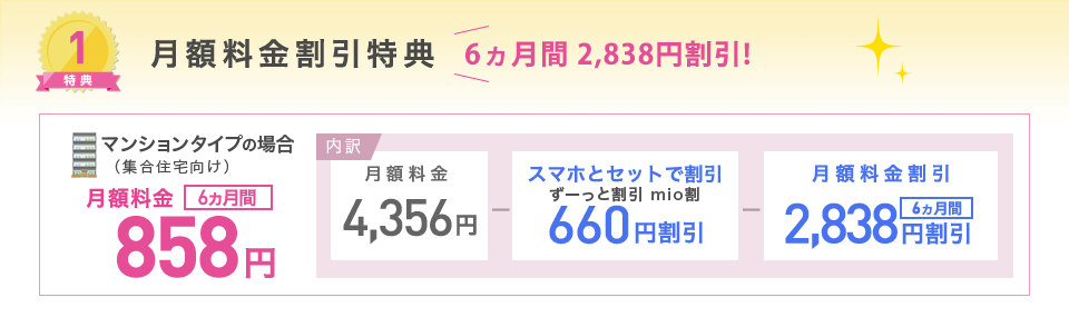 特典1 月額料金割引特典。6ヵ月間2,838円割引！