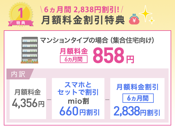 特典1 月額料金割引特典。6ヵ月間2,838円割引！