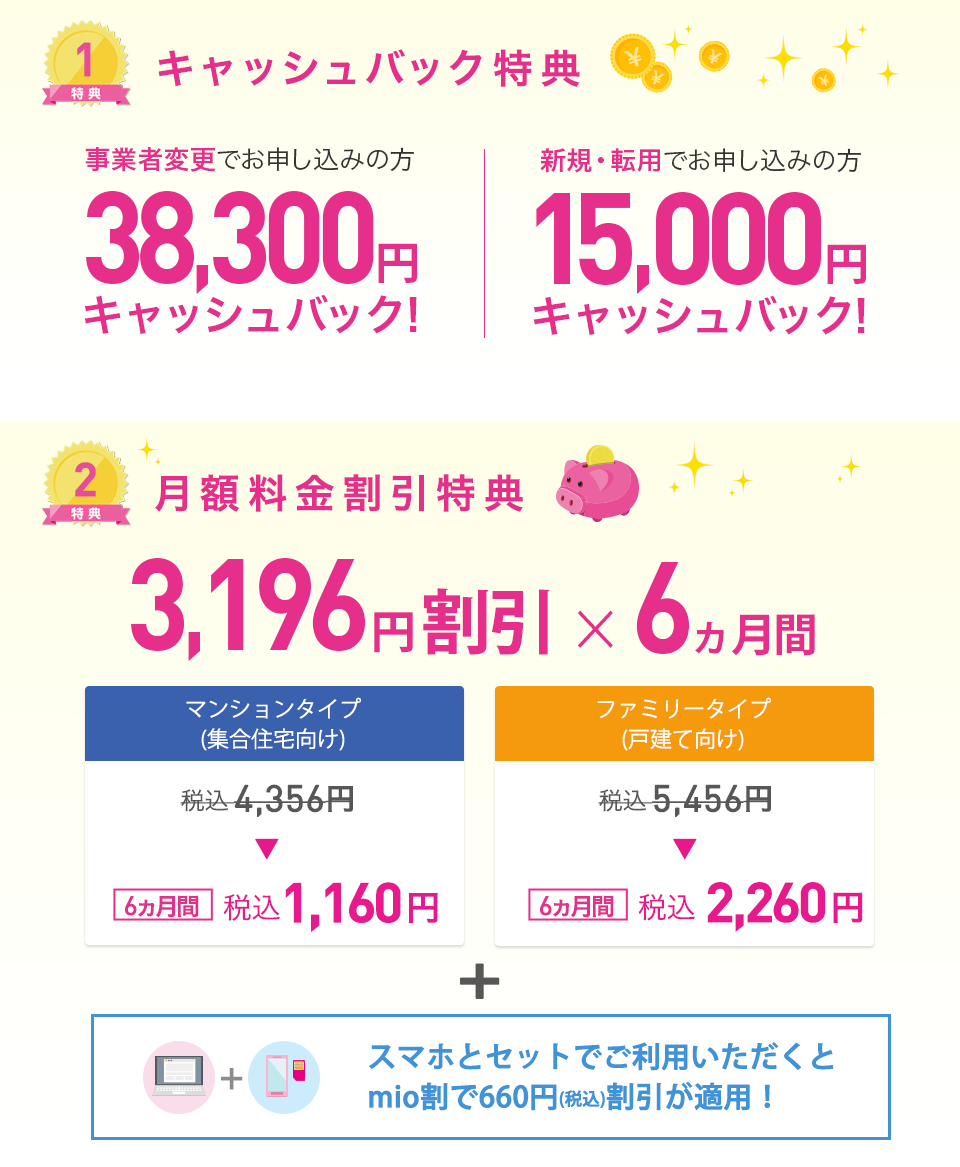 キャンペーン期間中に、新規（新規/転用/事業者変更）でIIJmioひかりをお申し込みのお客様に、6ヵ月間3,196円(税抜価格2,905円) 割引、新規/転用の場合は 15,000円キャッシュバック、事業者変更でお申し込みのお客様は、38,300円キャッシュバック！