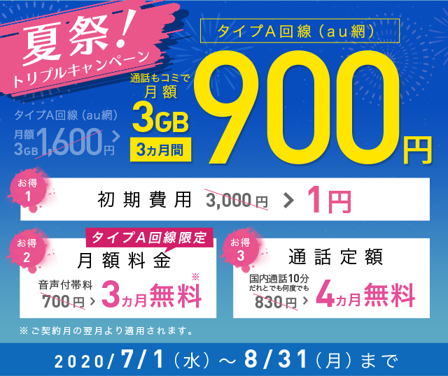 夏祭 トリプルキャンペーン Au網 音声通話機能付きsim割引 Iijmio