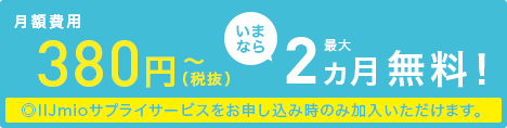 月額費用380円(税抜)いまなら最大2ヶ月無料!◎IIJmioサプライサービスをお申し込み時のみ加入いただけます。