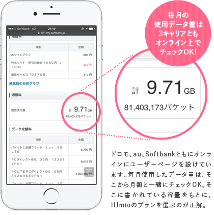 毎月の使用データ量は3キャリアともオンライン上でチェックOK!