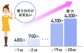 データ容量1GB480円から。従量制だから使う分だけ、無駄のないお支払いが可能です。