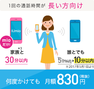 1回の通話時間が 長い方 何度かけても月額830円(税抜)