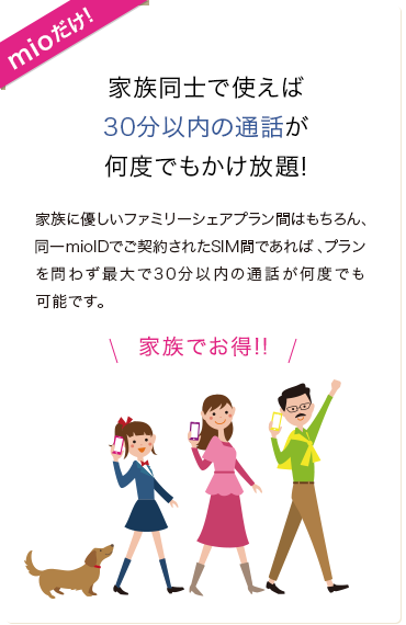 家族同士で使えば30分以内の通話が何度でもかけ放題!