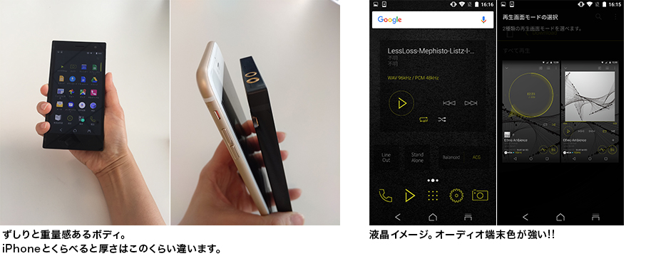 ずしりと重量感あるボディ。iPhoneとくらべると厚さはこのくらい違います。液晶イメージ。オーディオ端末色が強い!!