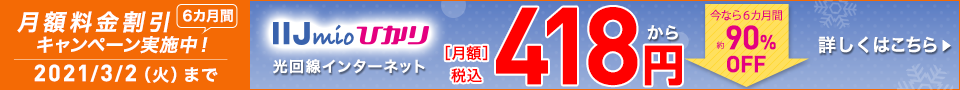 冬のIIJmioひかりスタートキャンペーン 月額2,980円割引×6ヵ月間