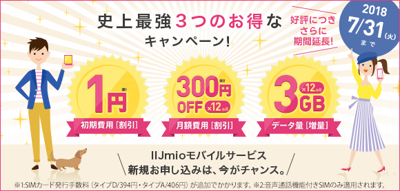 初期費用1円キャンペーン&300円割引&3GB増量